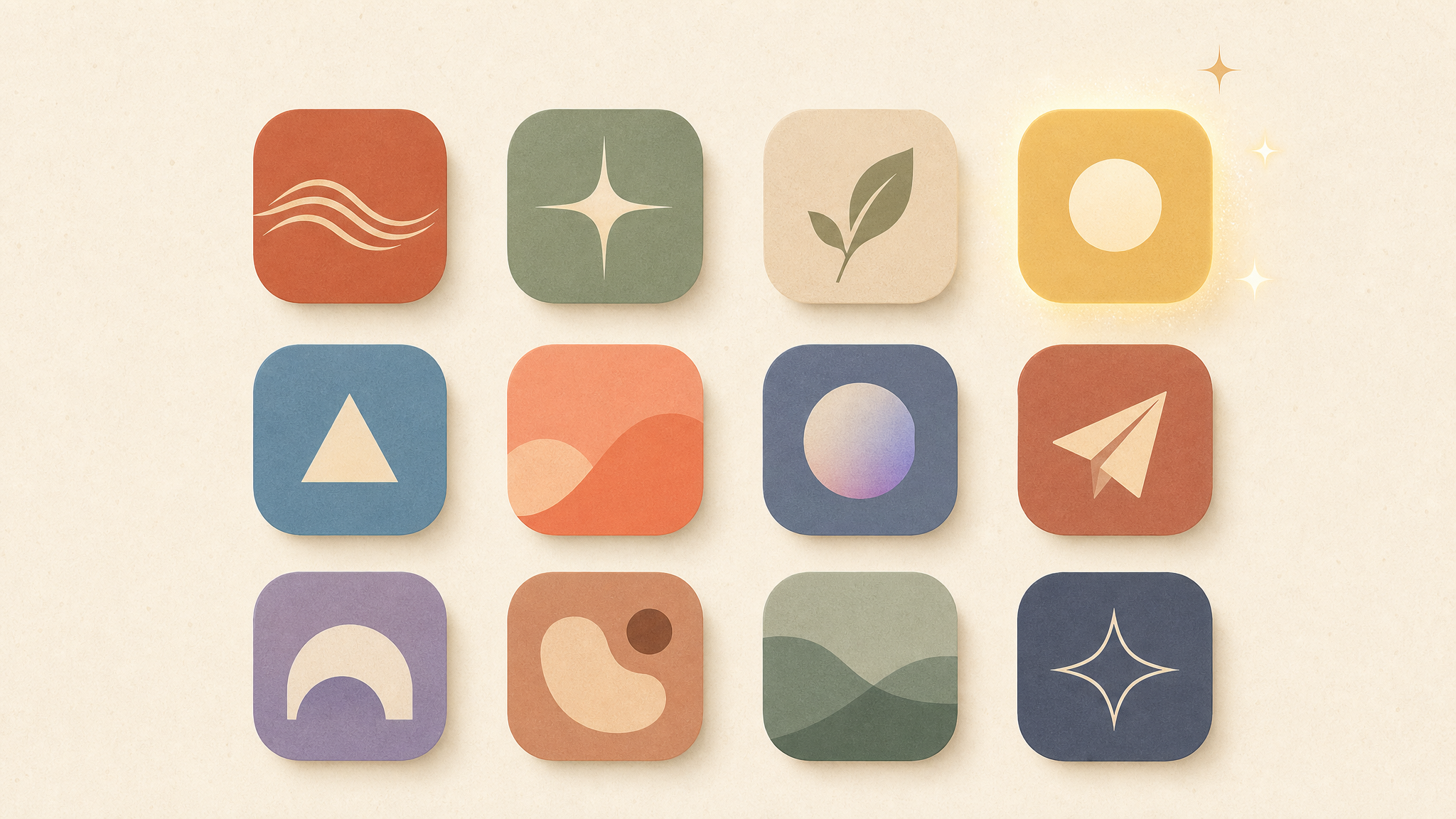 A grid of abstract iOS app icon tiles with an AI sparkle