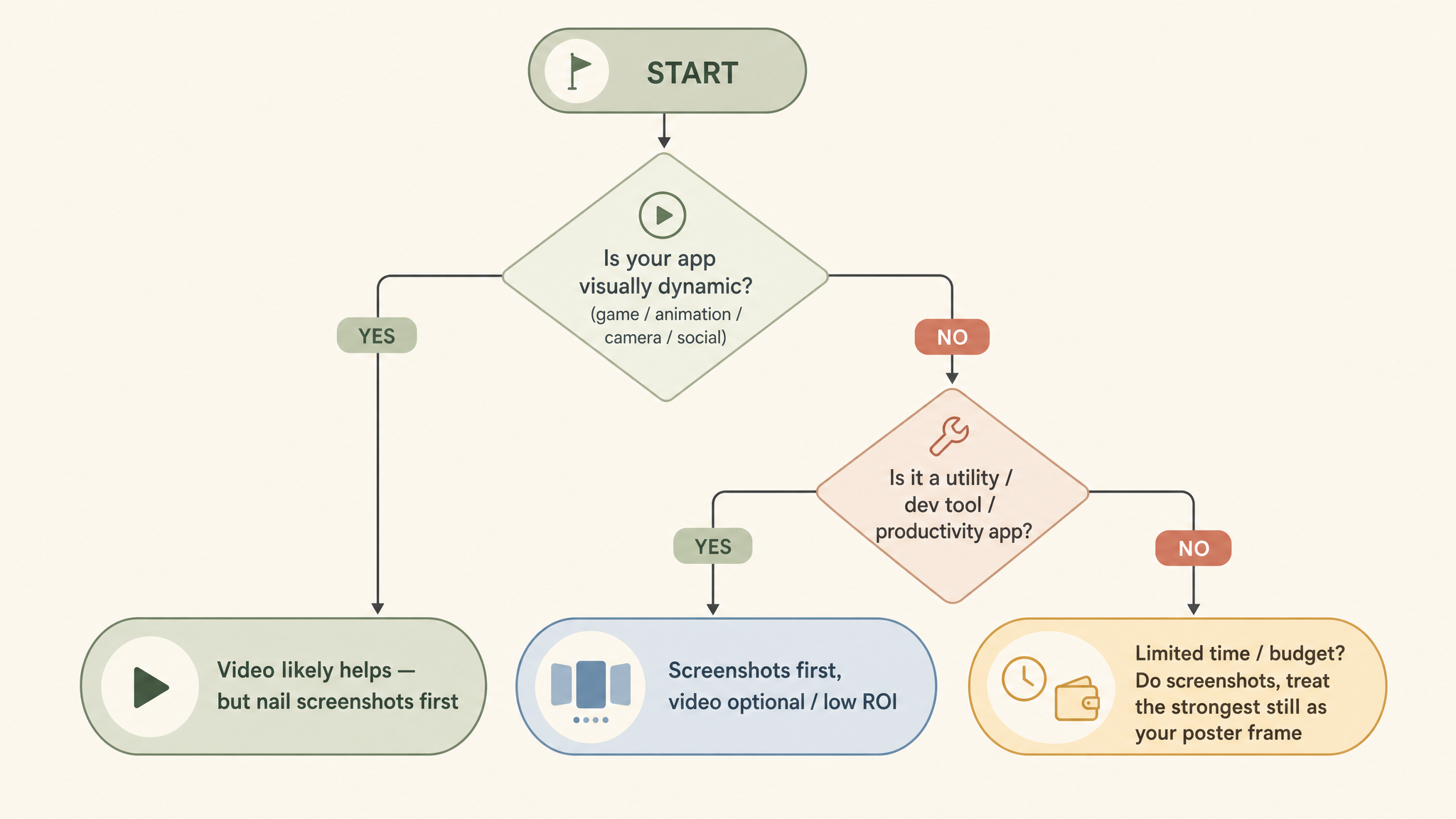 Decision flow: is your app visually dynamic, is it a utility, are you time-constrained