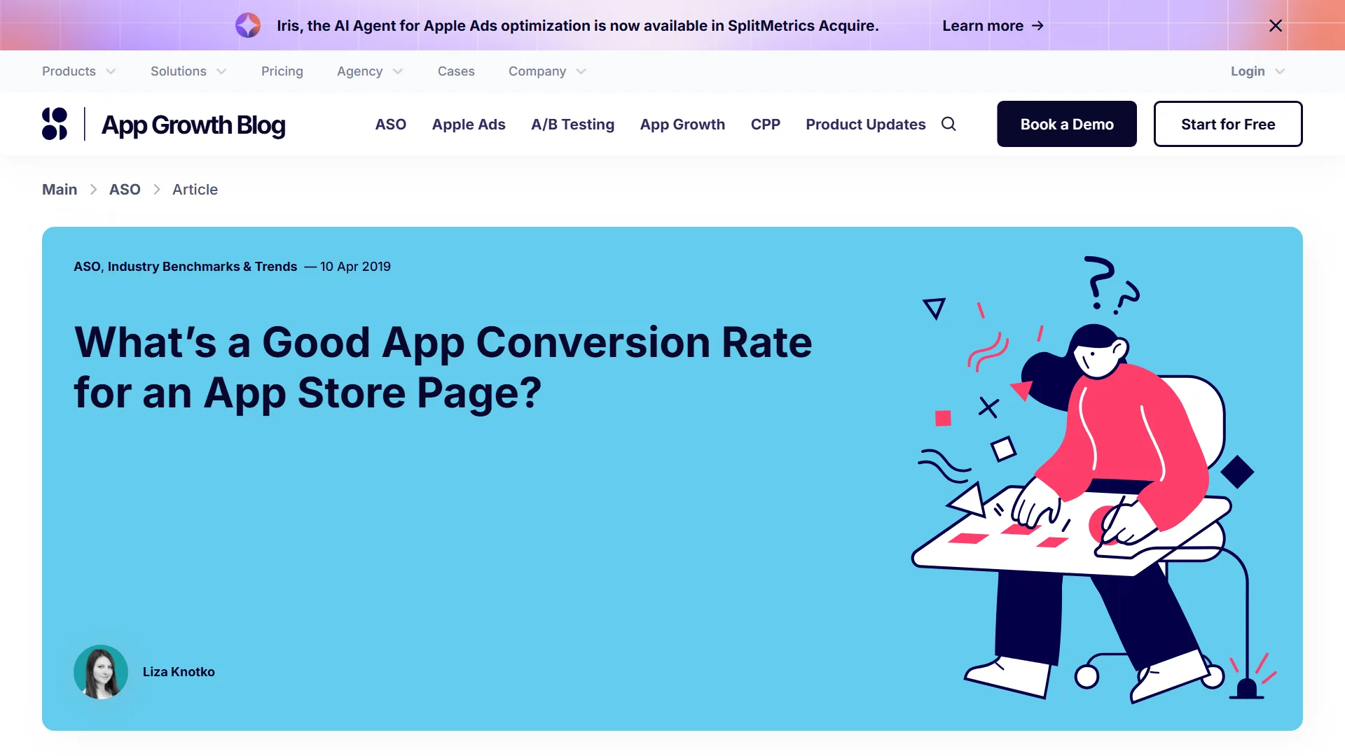 SplitMetrics blog post on good App Store conversion rates, showing the article hero and intro paragraph.