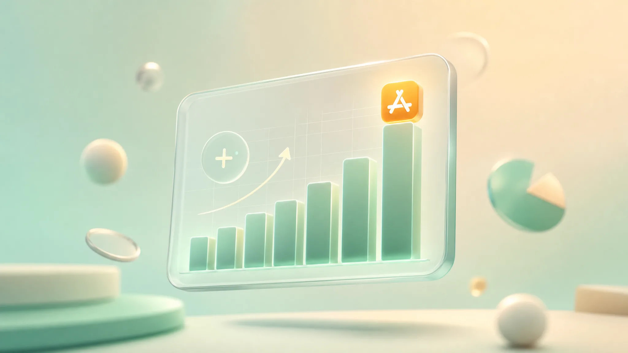 Editorial 3D analytics dashboard with a rising bar chart and a small App Store icon on top.