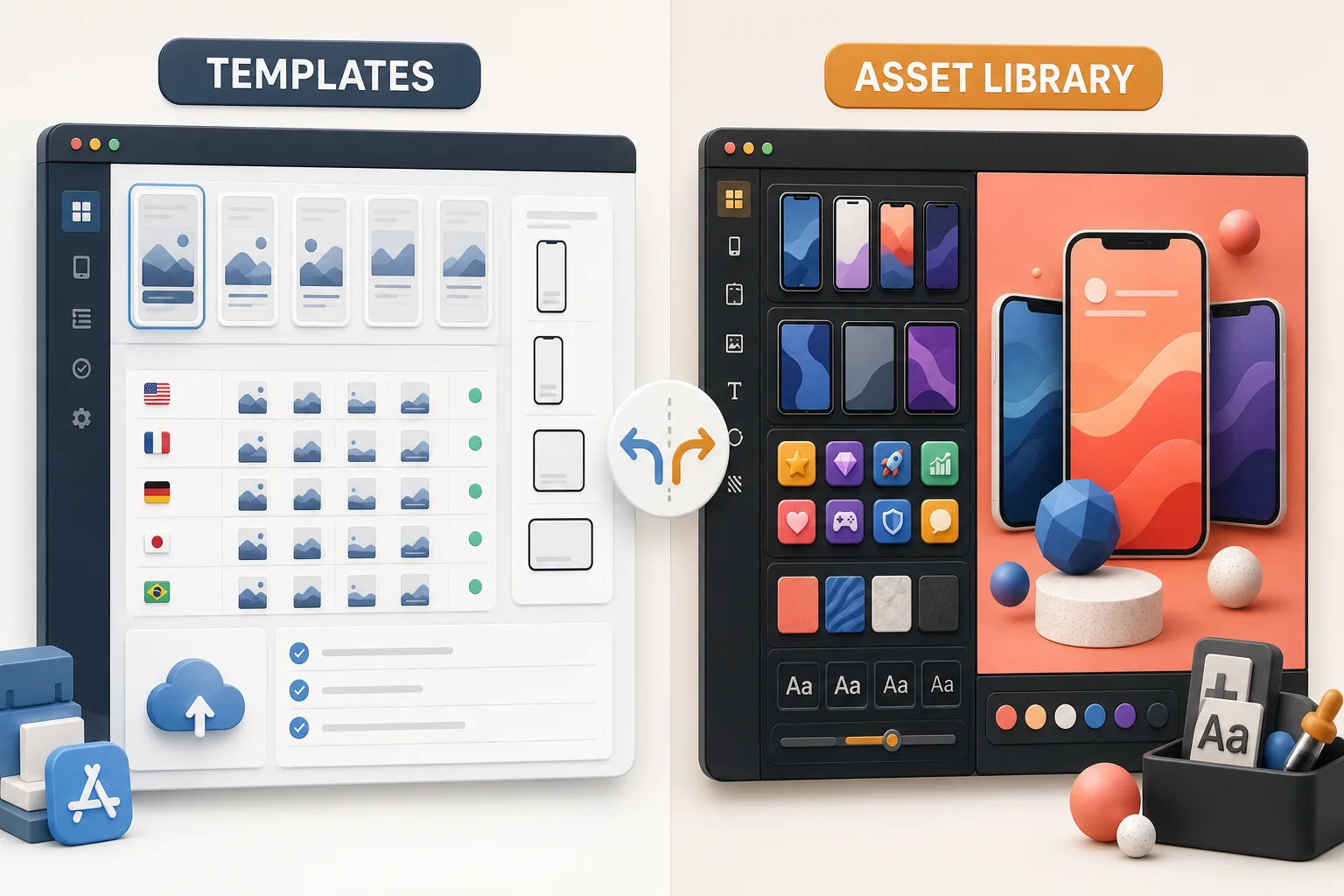 AppScreens templates compared with the AppLaunchpad asset library