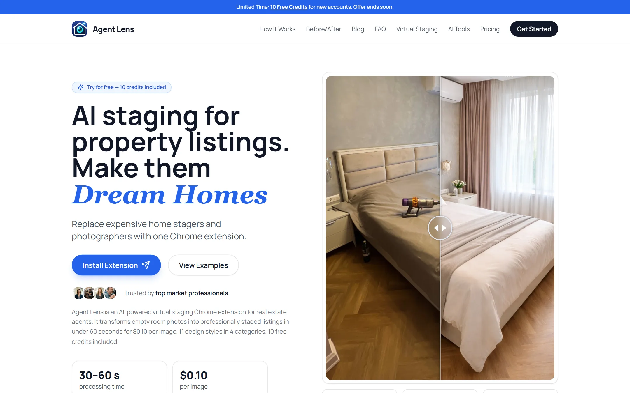 AgentLens homepage: AI staging Chrome extension landing page with sample staged bedroom and 10 free credits banner