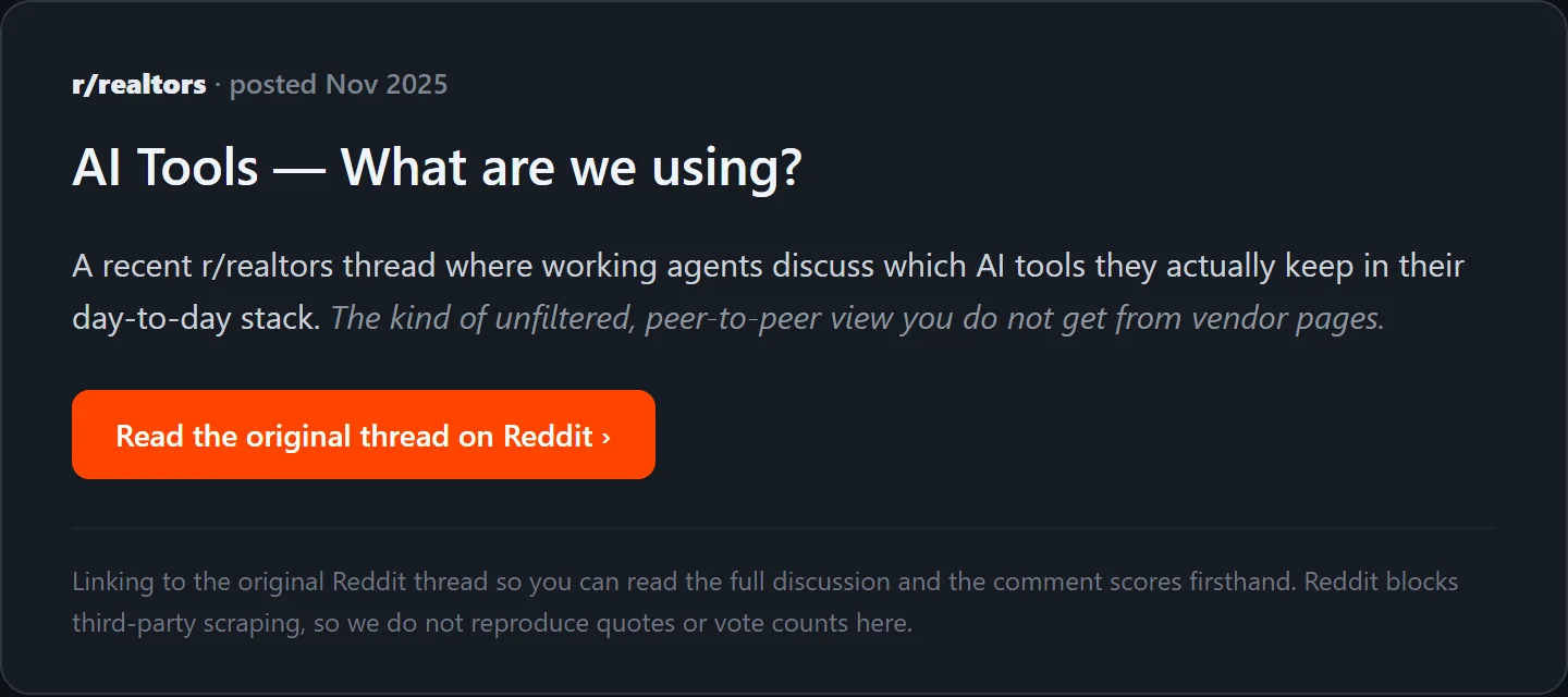 r/realtors thread titled 'AI Tools, What are we using?' from November 2025 with a link to read the original discussion on Reddit, where working agents share which AI tools they keep in their day-to-day stack