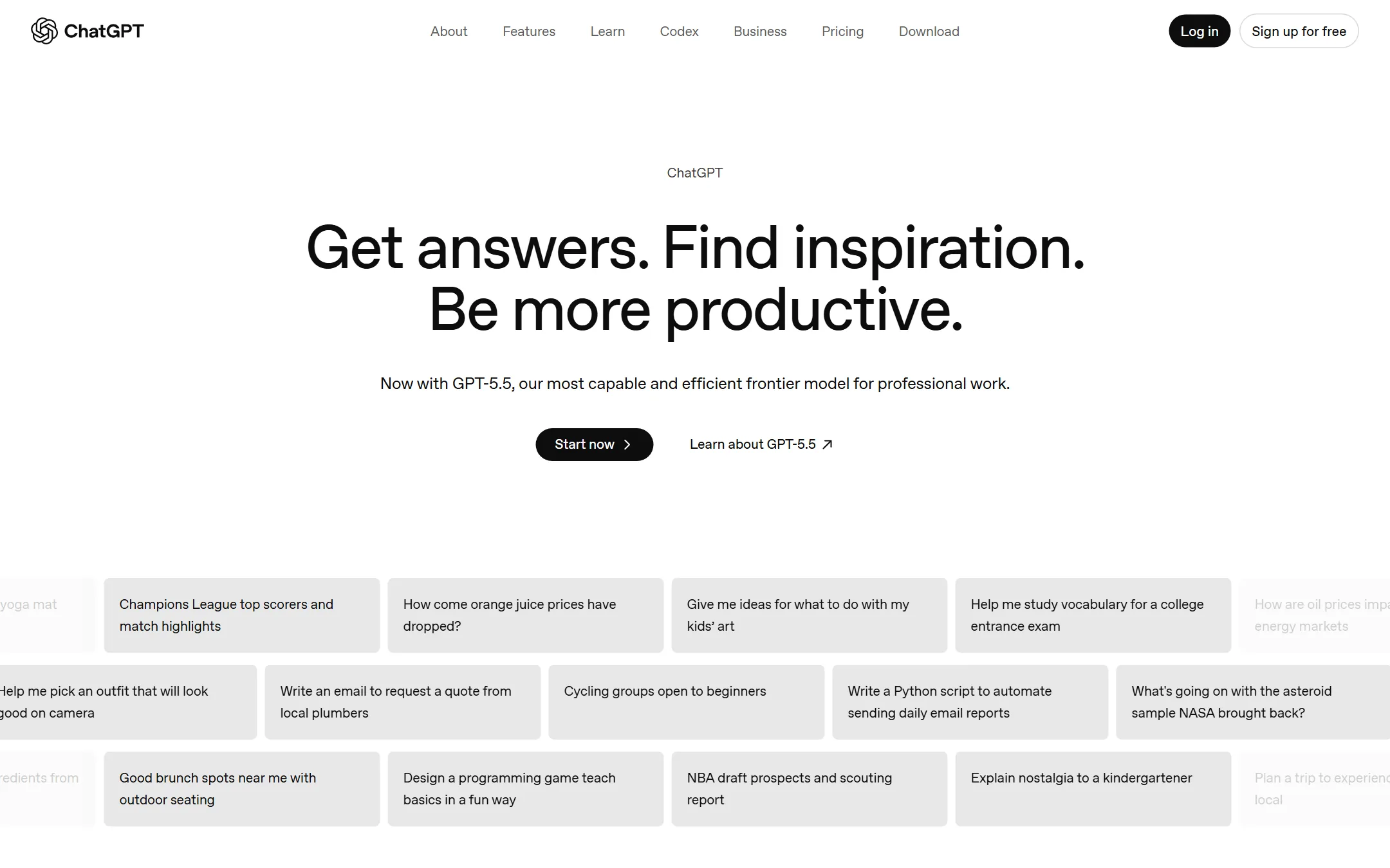ChatGPT landing page screenshot showing the OpenAI chat interface