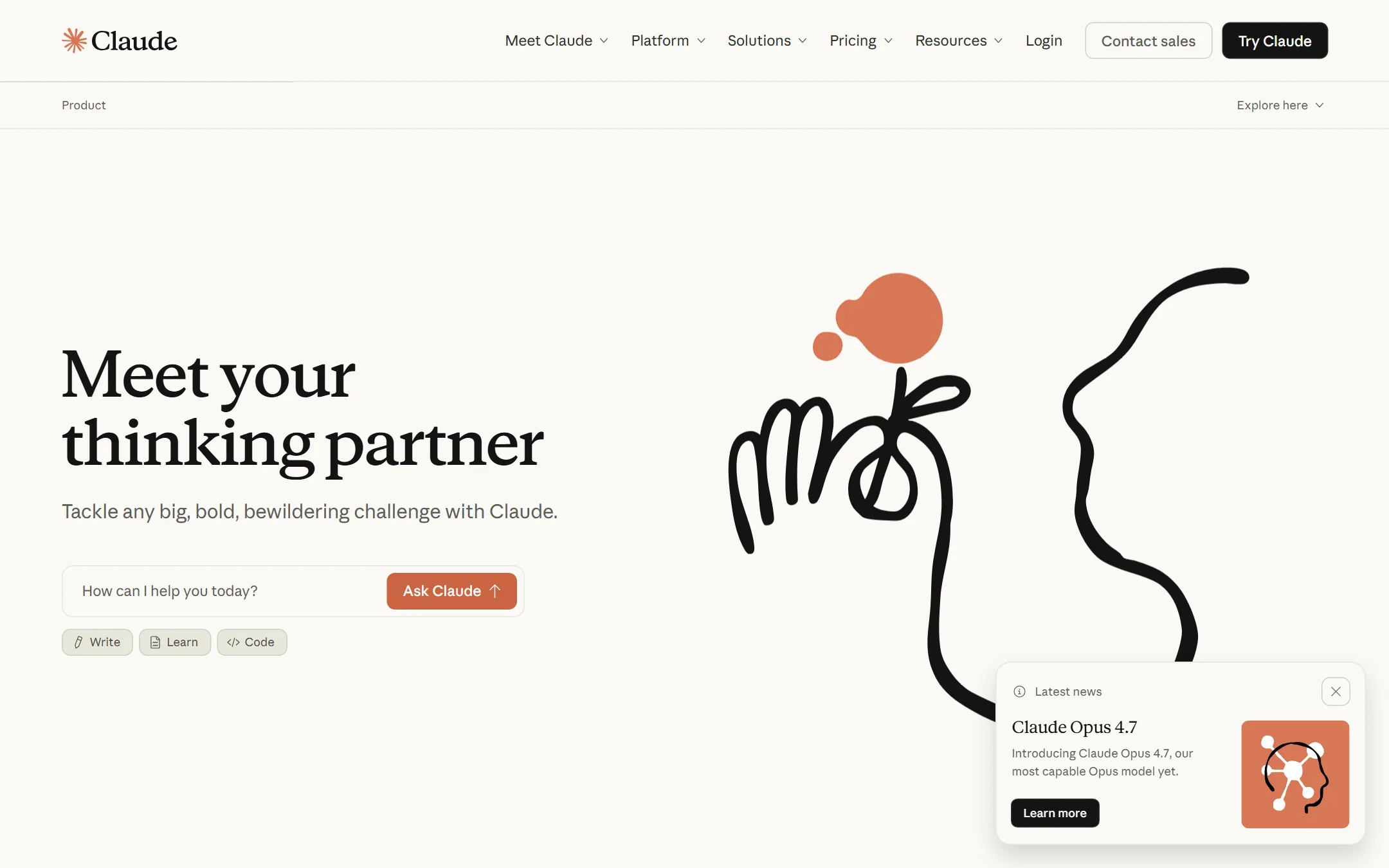Claude AI landing page from Anthropic showing the chat assistant interface