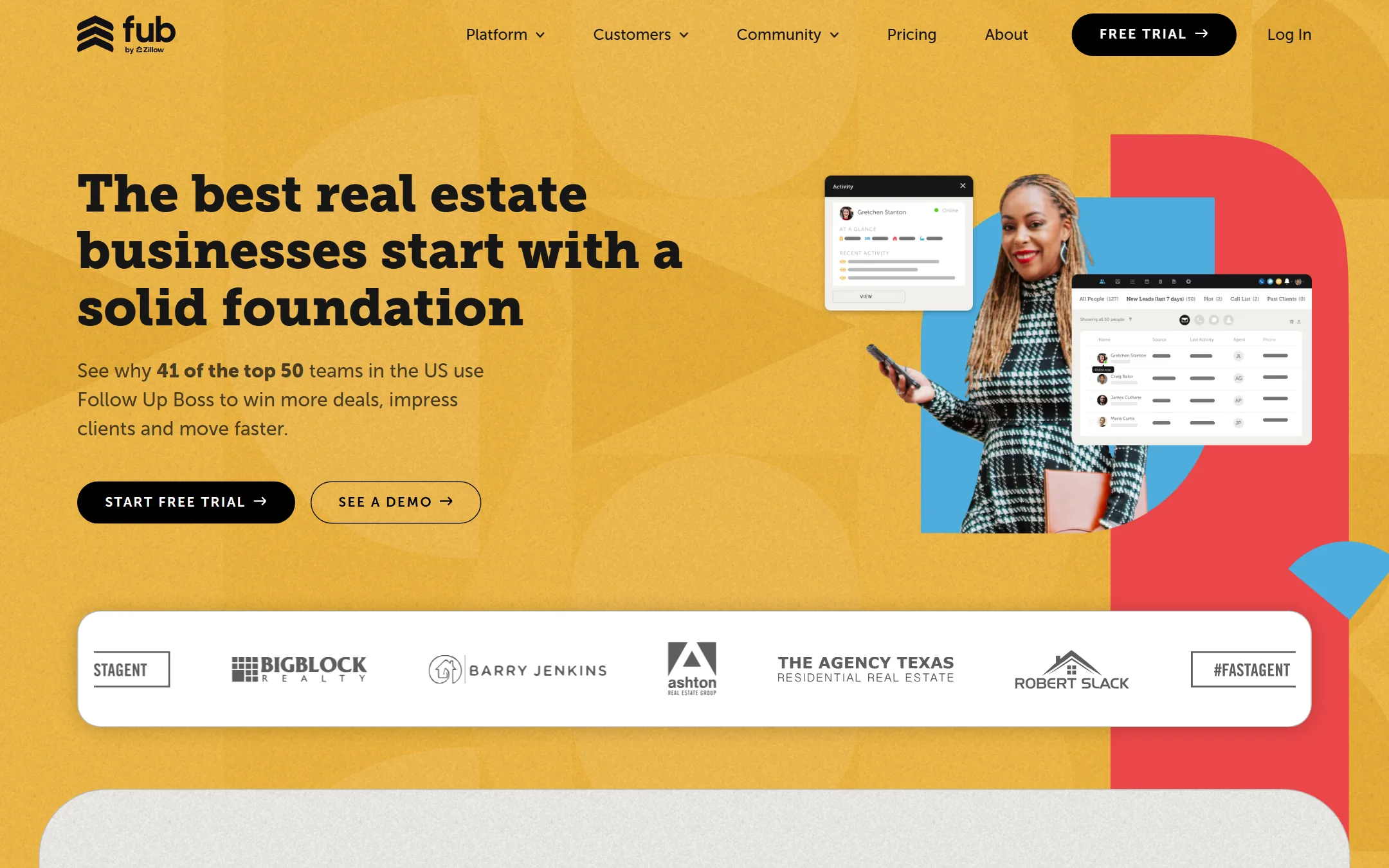 Follow Up Boss CRM homepage showing the all-in-one real estate platform interface