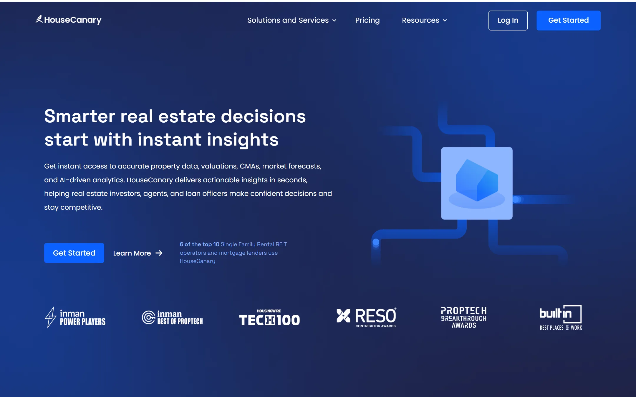 HouseCanary AVM platform homepage showing the automated valuation model interface for real estate professionals