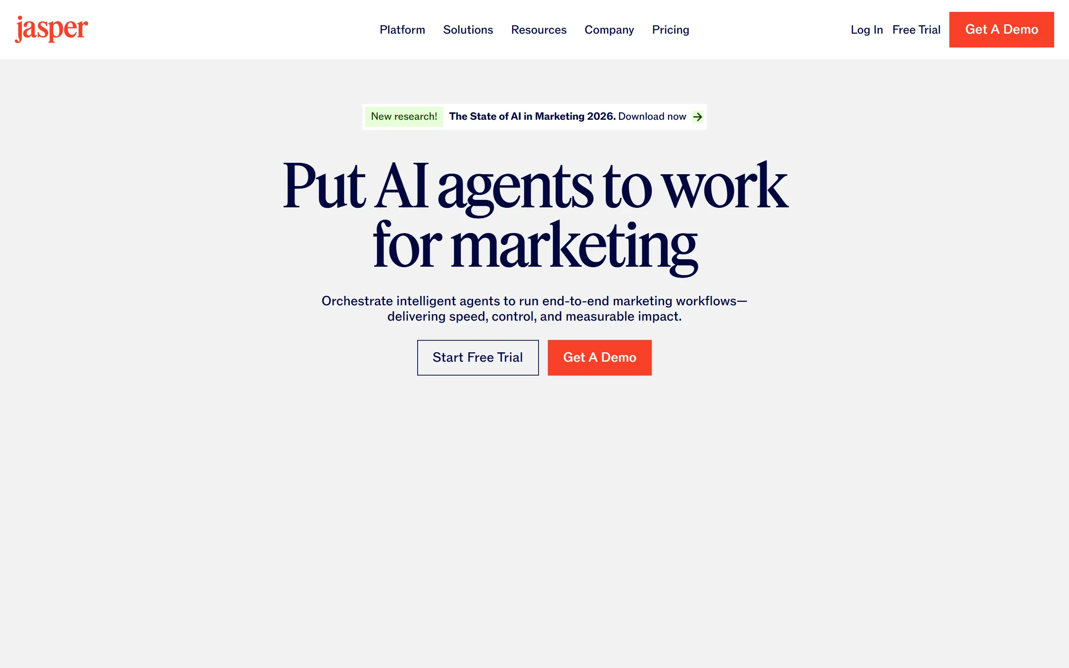 Jasper AI marketing platform homepage showing AI content generation interface for blogs and ads
