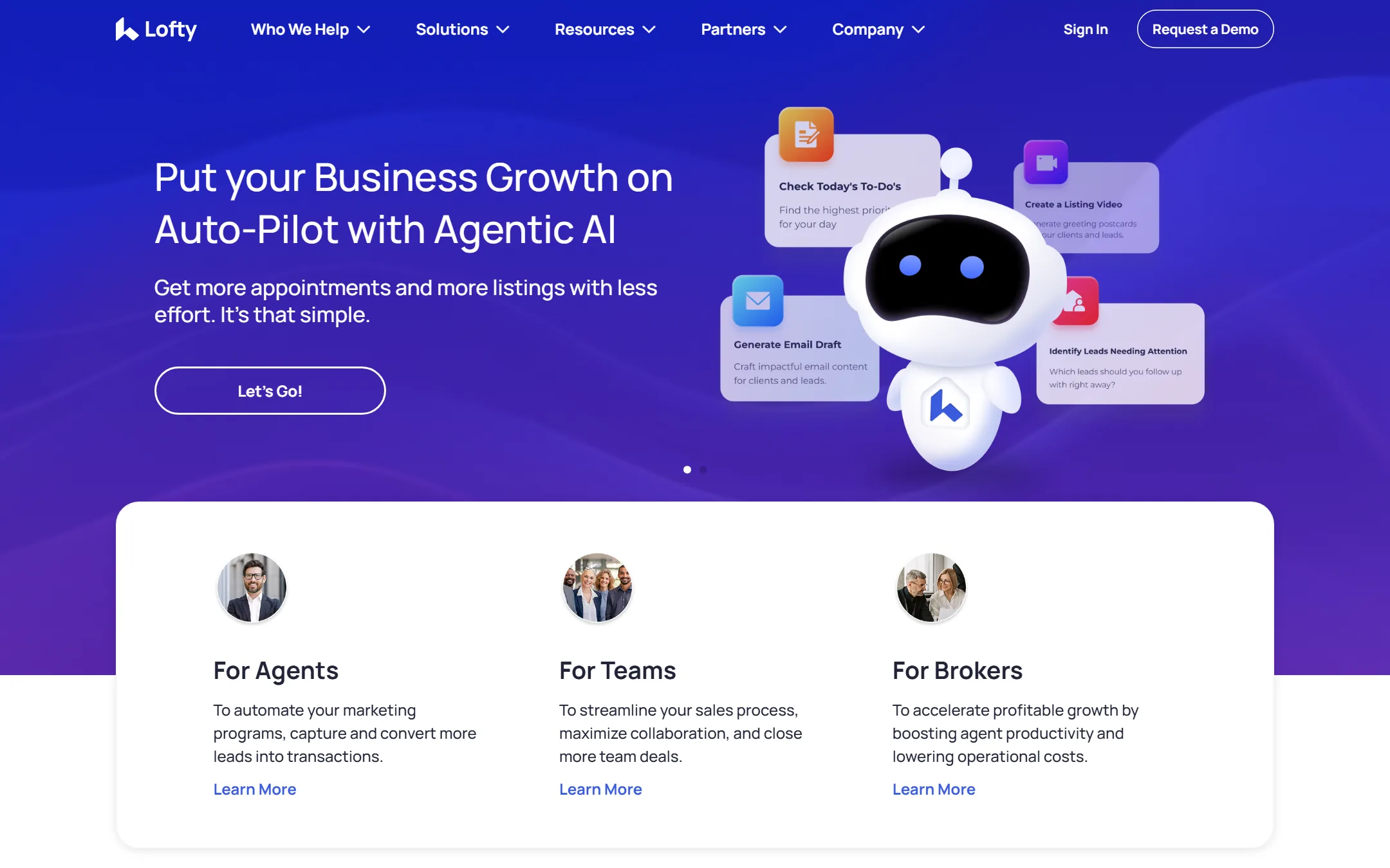 Lofty AI homepage showing the all-in-one CRM and AI sales assistant platform for real estate teams