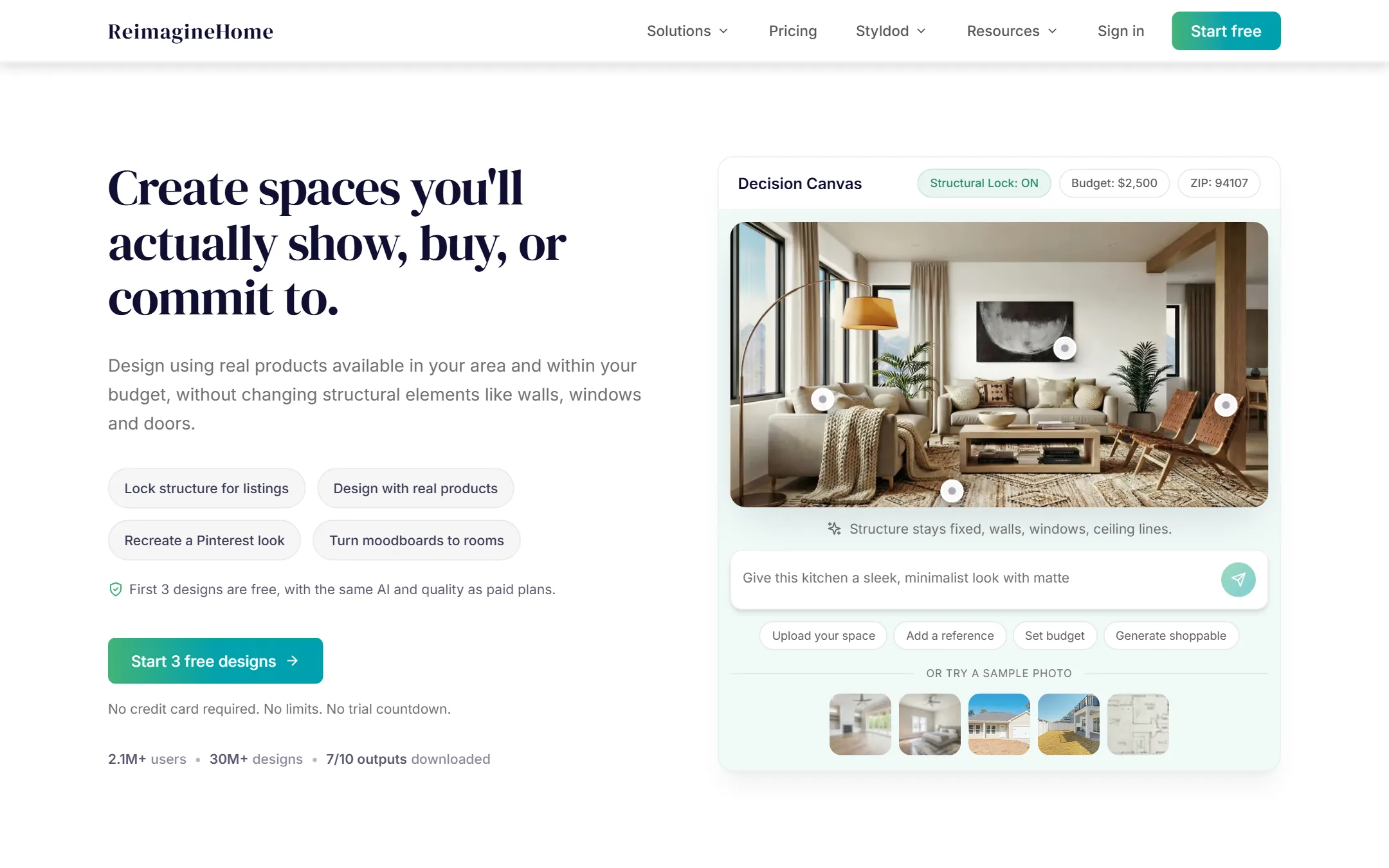 REimagineHome homepage showing the AI virtual staging tool with sample staged room transformations