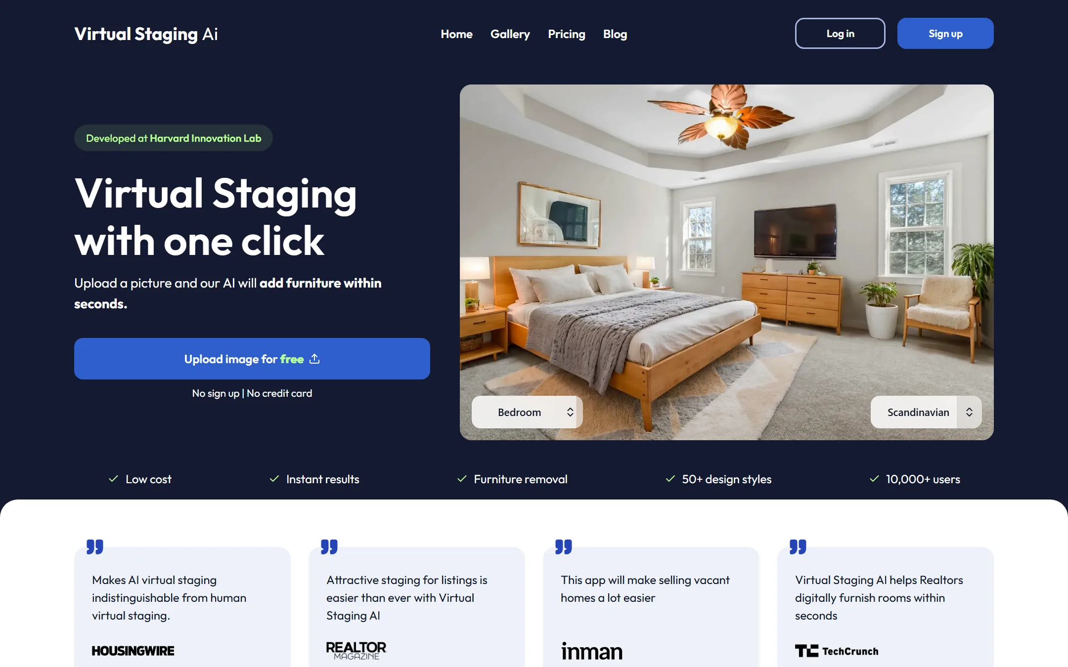 Virtual Staging AI homepage showing the AI virtual staging service with per-image pricing