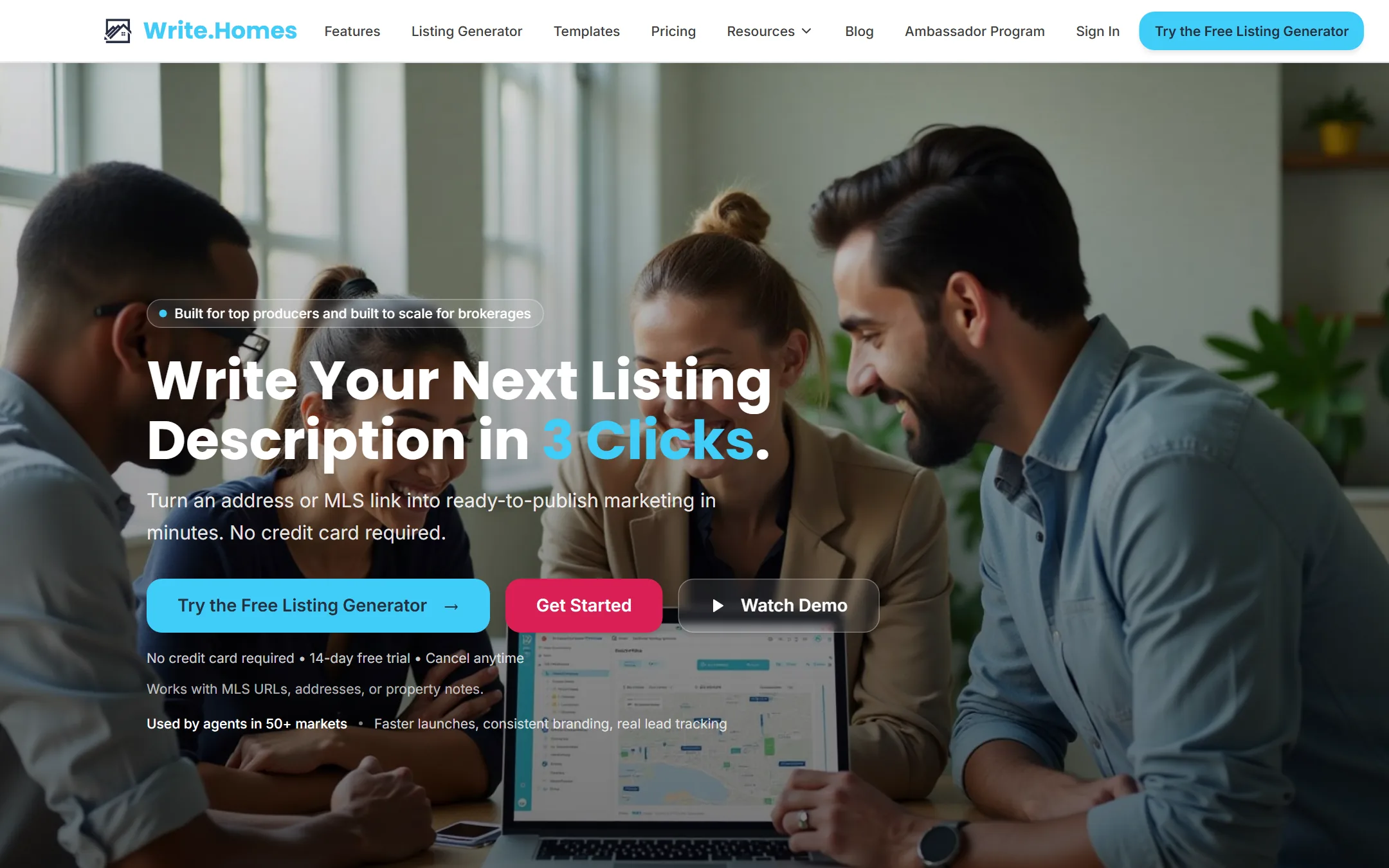 Write.Homes platform homepage showing real estate AI copywriting interface for MLS listings