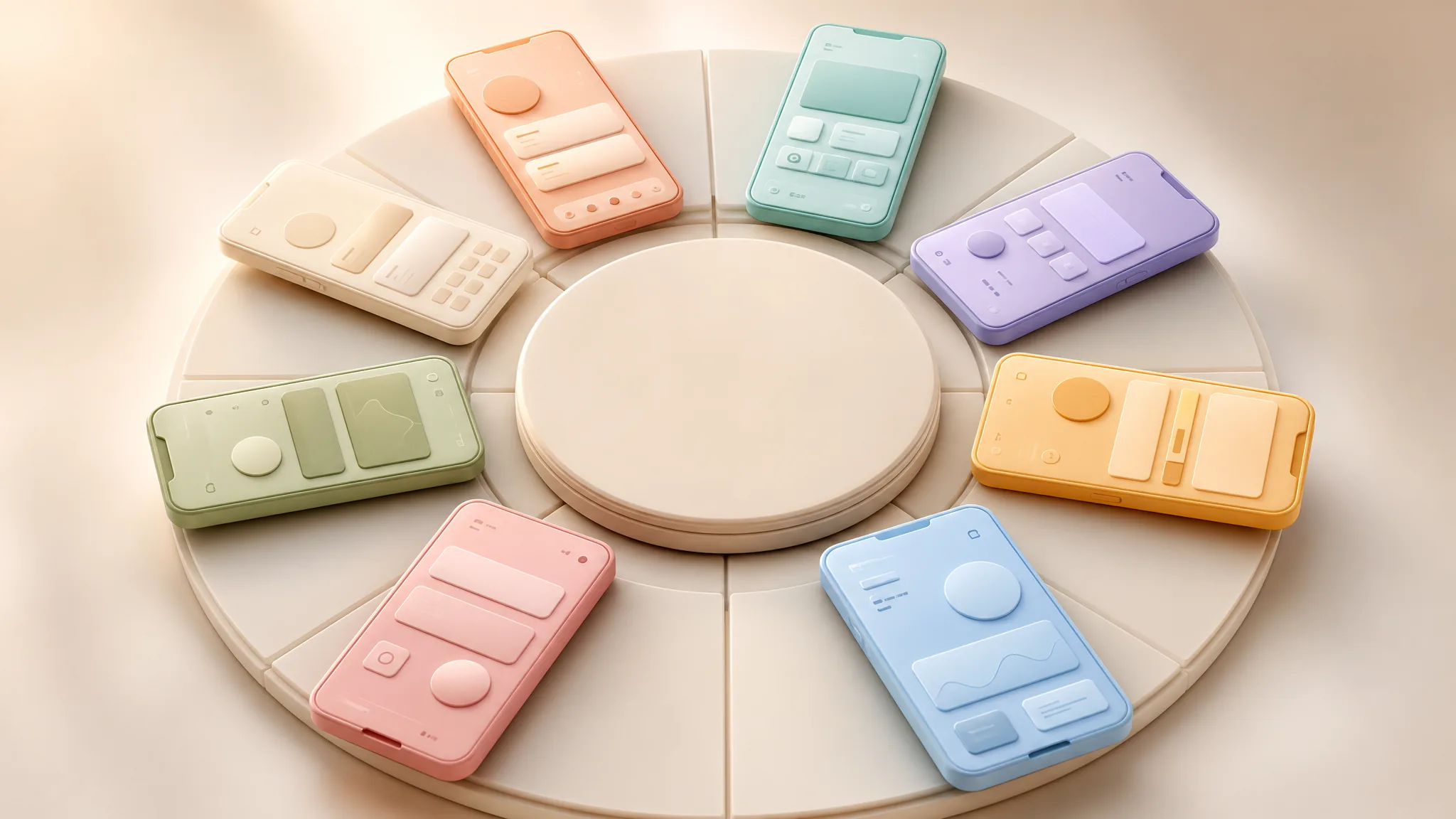 Editorial 3D render of 8 stylized app screenshot tiles arranged in a circle around a cream pedestal, each tile a different soft pastel color.