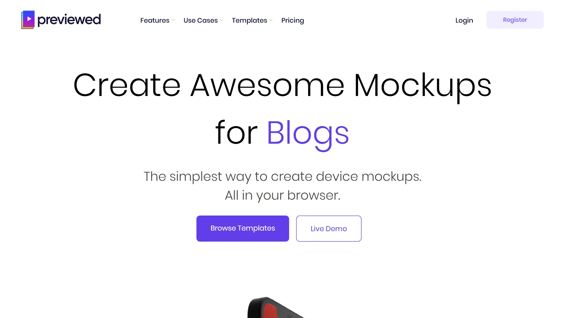 Previewed.app homepage with the headline Create Awesome Mockups for Blogs and a Browse Templates CTA.