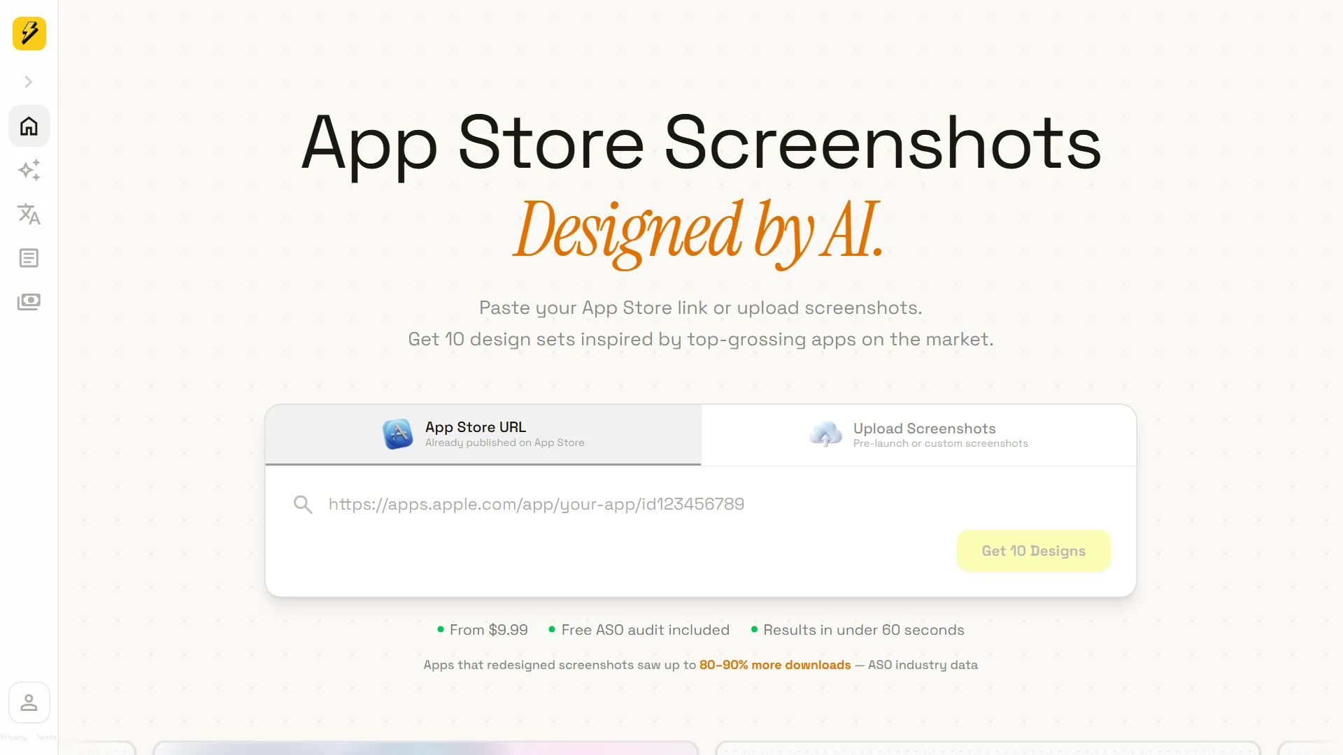ScreenFast App Store screenshot generator homepage with the headline Stunning App Store screenshots without the design work.