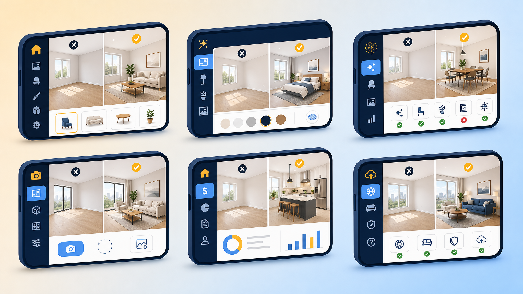 Side-by-side dashboard mockups of 6 free virtual staging apps
