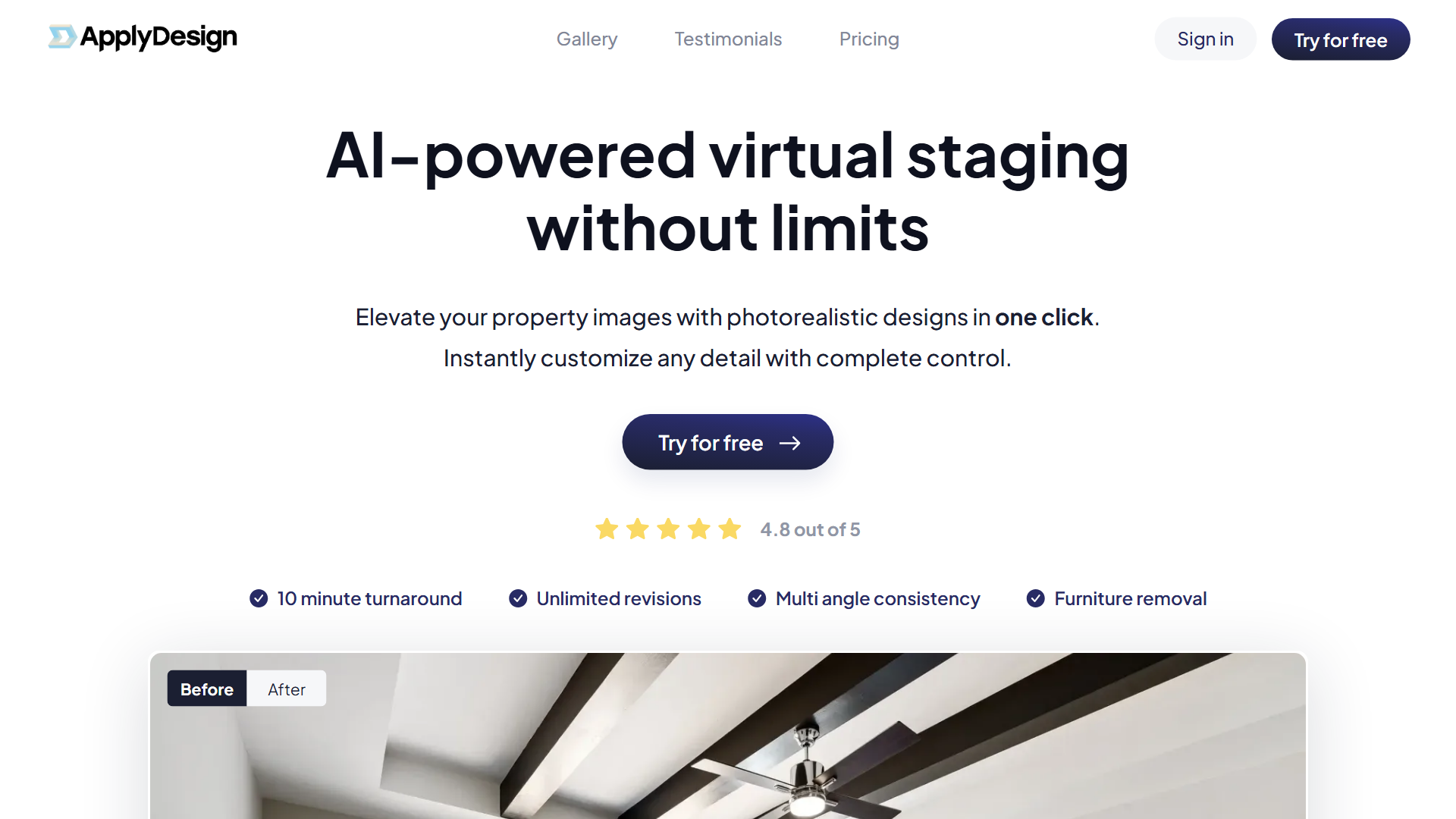 Apply Design homepage showing 'AI-powered virtual staging without limits' headline