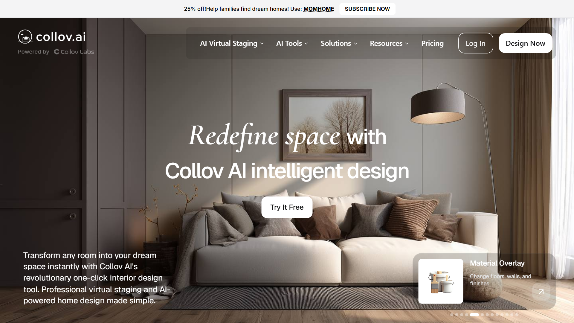 Collov AI homepage showing the free tier with 50+ style presets