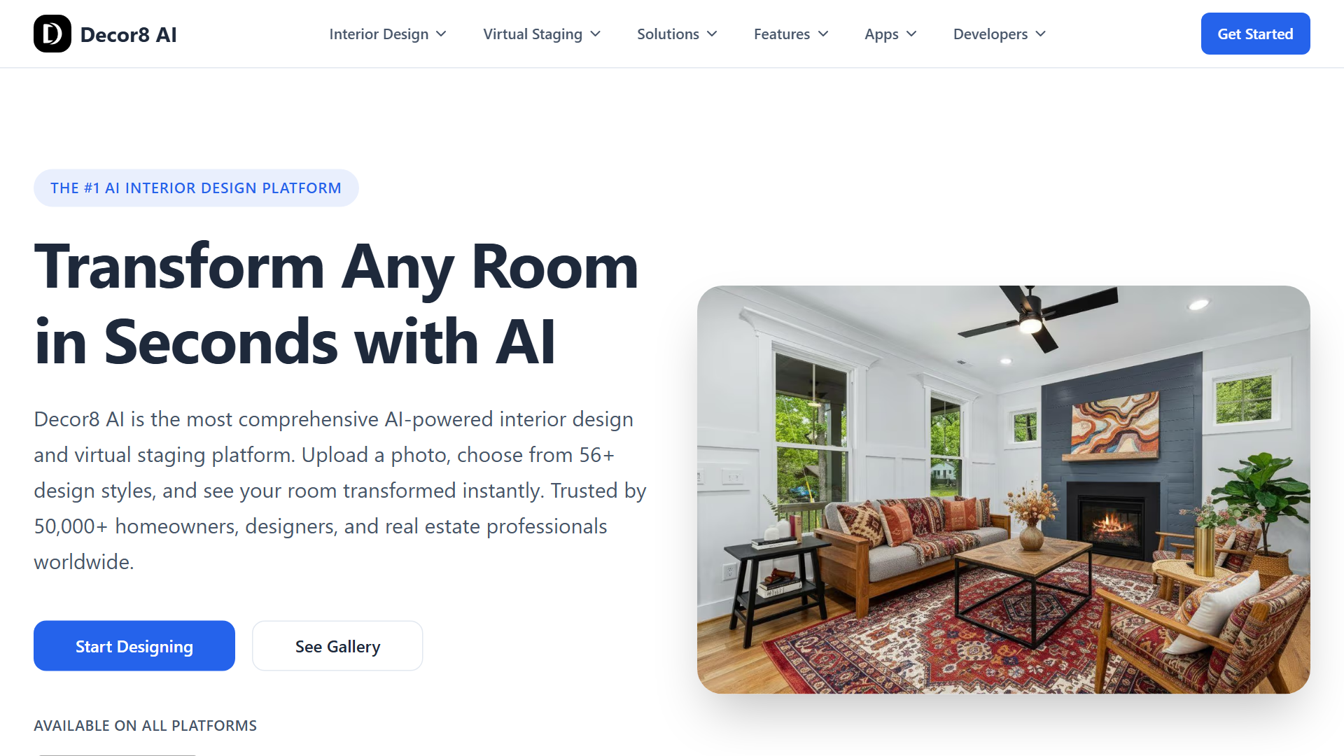Decor8 AI homepage showing natural-language prompt interior design