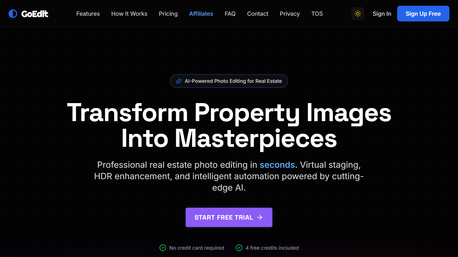 GoEdit homepage showing pay-per-image AI staging at $2 per render