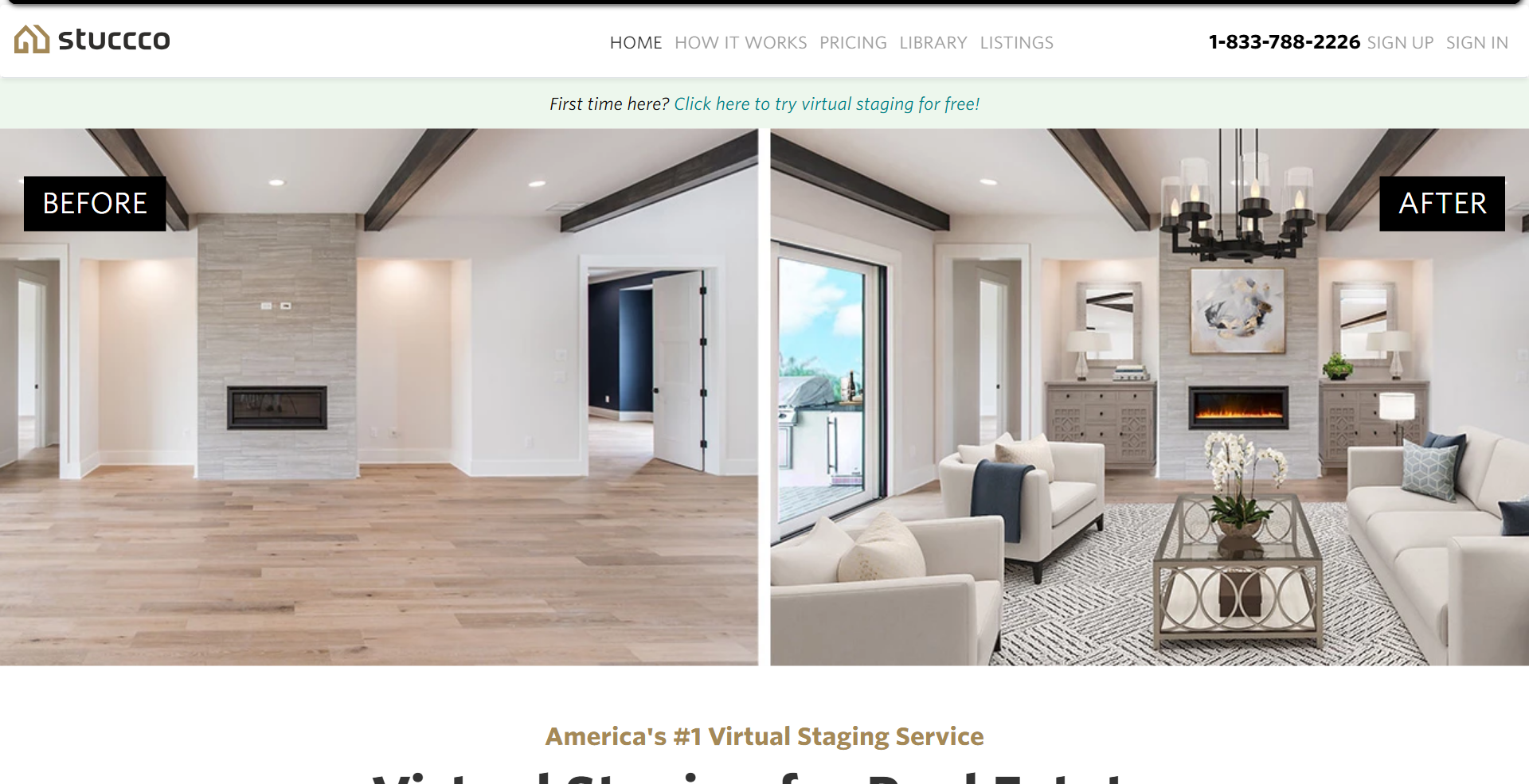 Stuccco homepage showing DIY virtual staging editor