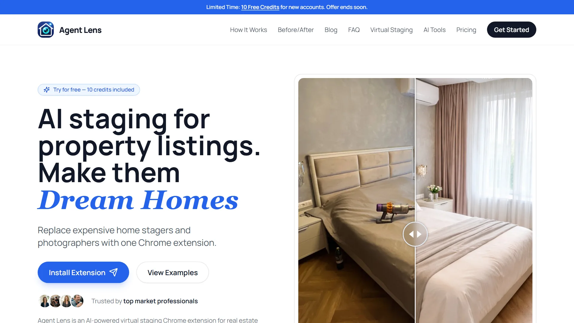 AgentLens AI staging landing page showing the Chrome extension with bedroom staging example, install button, and 10 free credits banner