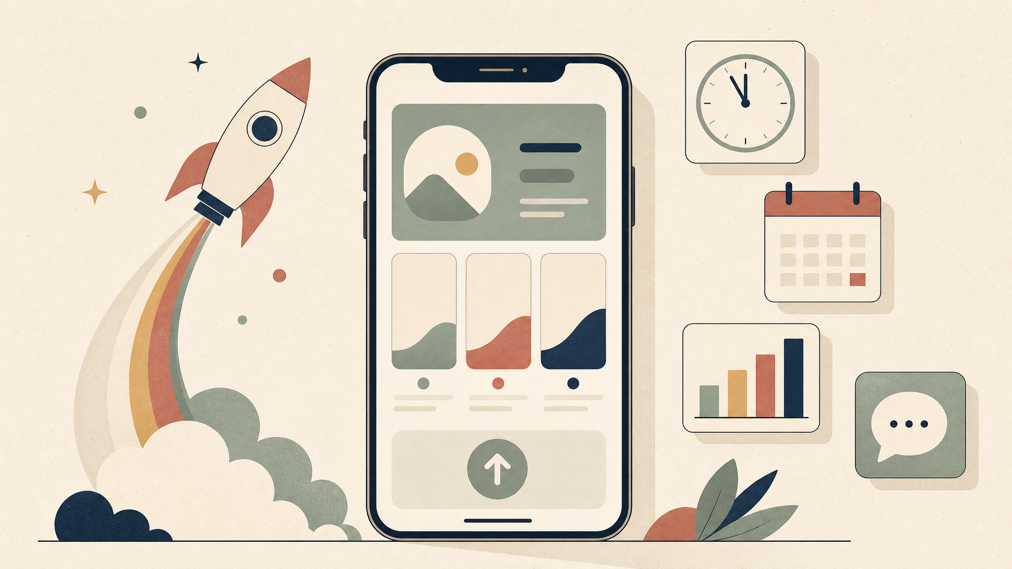 Editorial illustration of launching an iOS app on Product Hunt