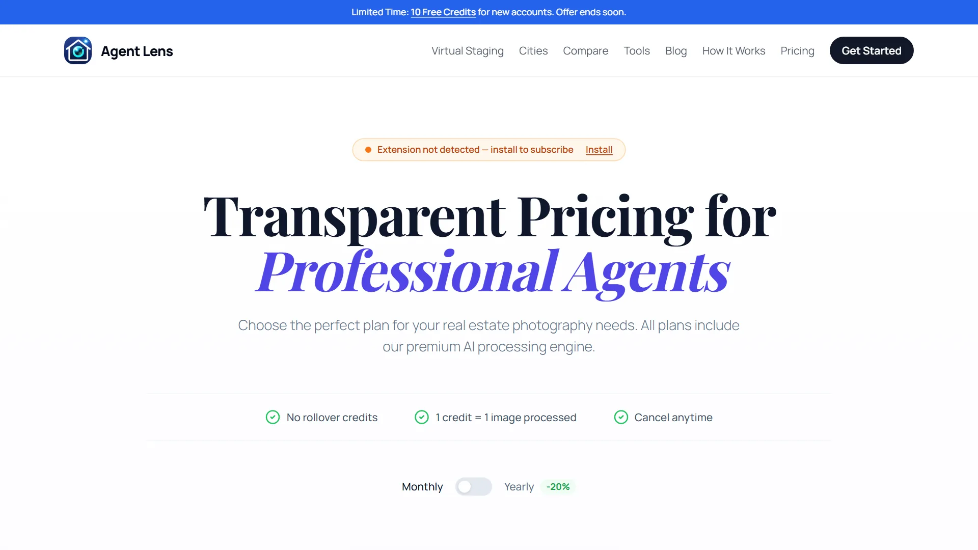 AgentLens pricing page showing Transparent Pricing for Professional Agents with no rollover credits, 1 credit equals 1 image processed, cancel anytime, and monthly versus yearly toggle with 20 percent annual discount
