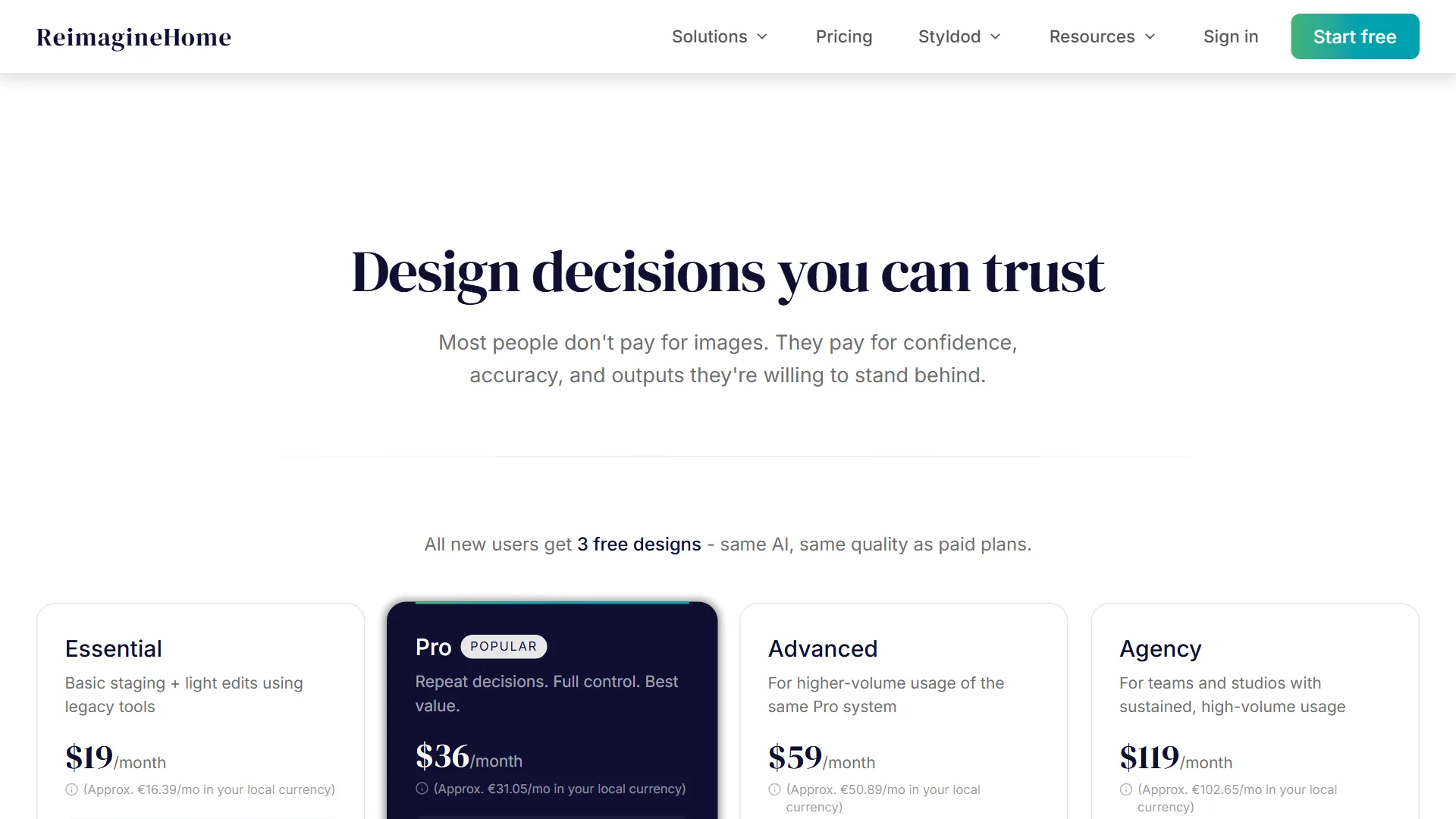 REimagineHome pricing page showing four tiers Essential 19 dollars per month, Pro 36 dollars per month with Popular badge, Advanced 59 dollars per month, and Agency 119 dollars per month, plus a banner offering 3 free designs to all new users