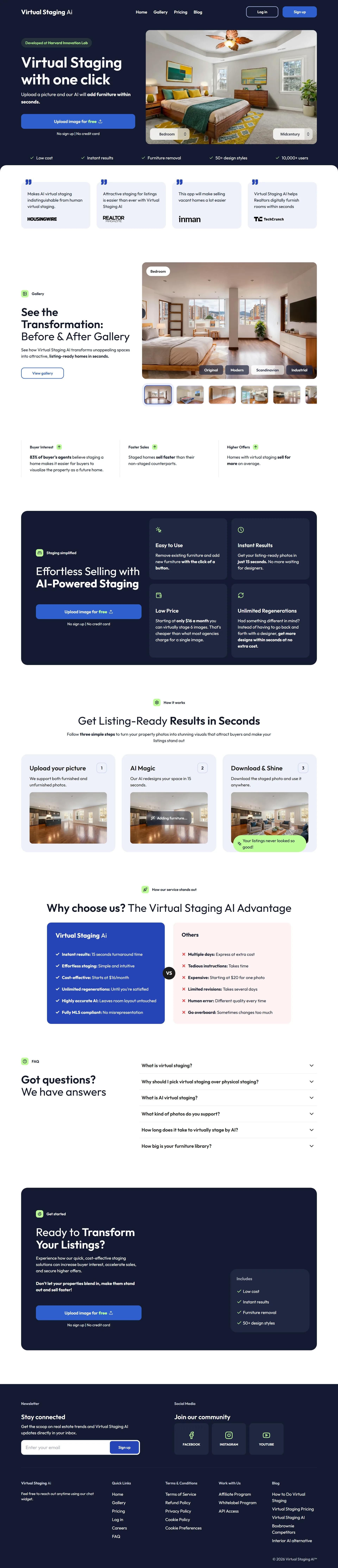 Virtual Staging AI full-page tour showing one-click upload, Effortless Selling with AI-Powered Staging callout, Easy to Use Instant Results Unlimited Regenerations features grid, before-and-after gallery row, and a Why Choose Us comparison table
