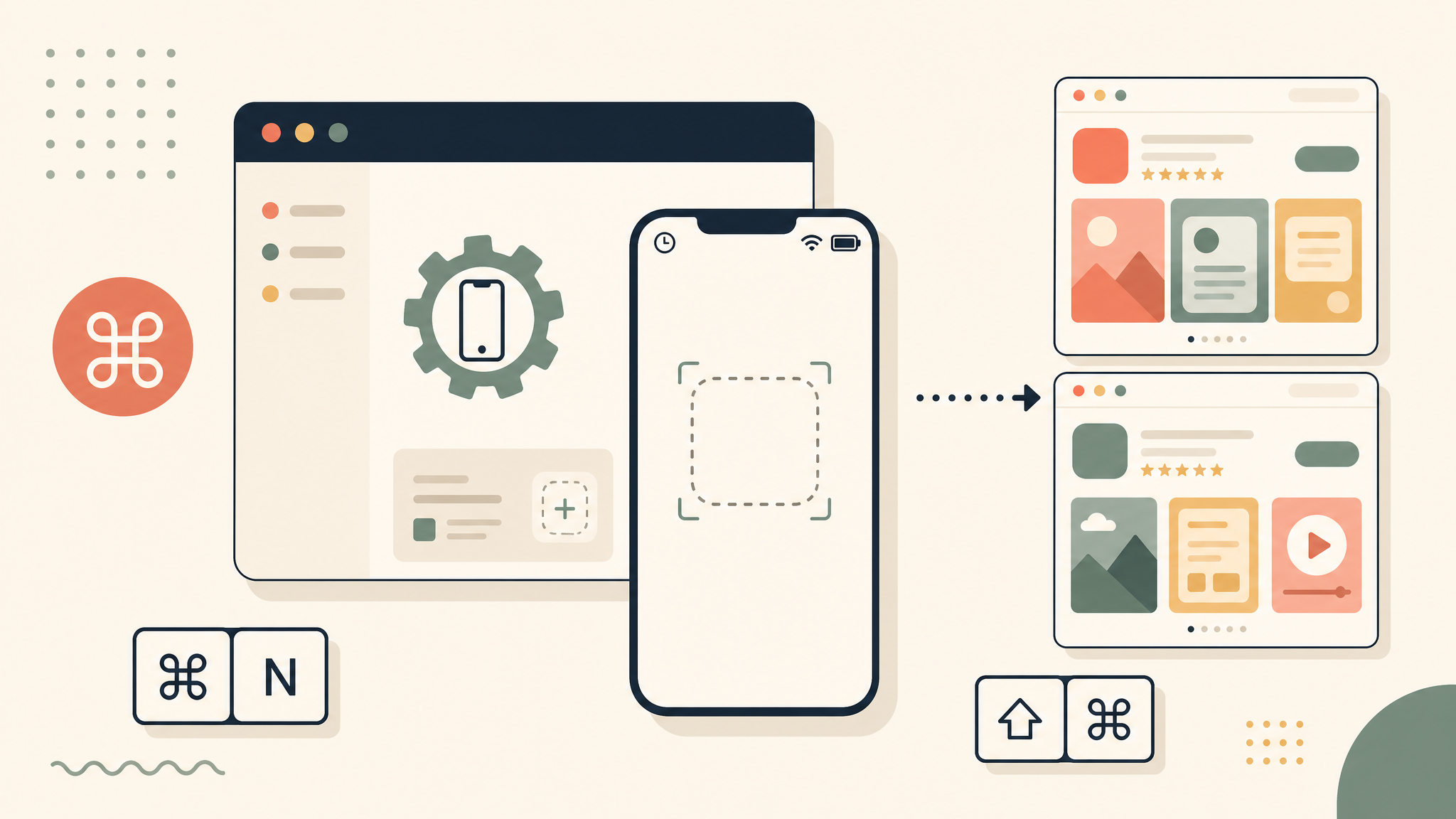 Editorial illustration of capturing App Store screenshots in the iOS Simulator
