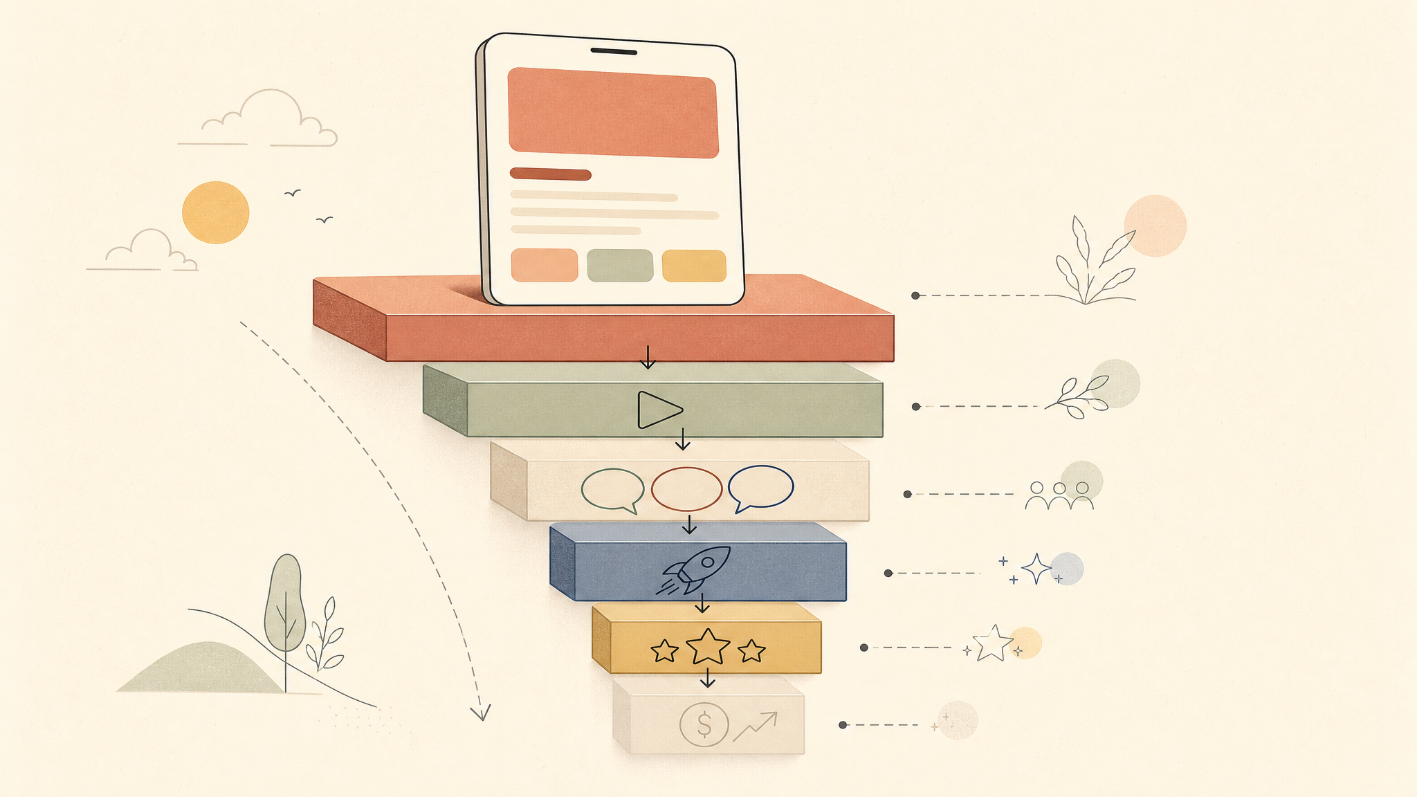 Indie iOS app marketing channels ranked on a calm editorial illustration