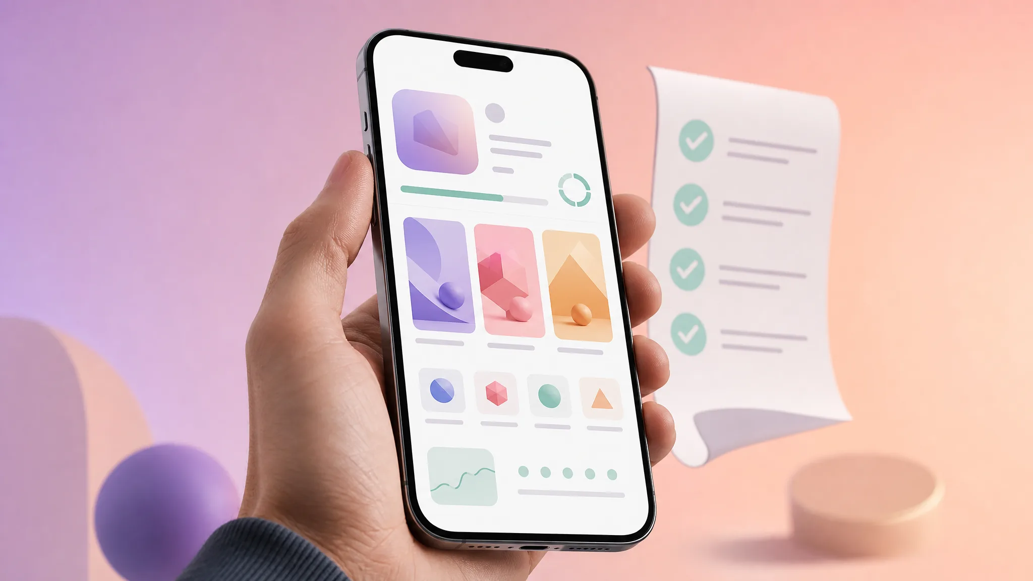 Indie developer holding an iPhone with a stylized App Store listing and a soft pastel checklist floating beside it.