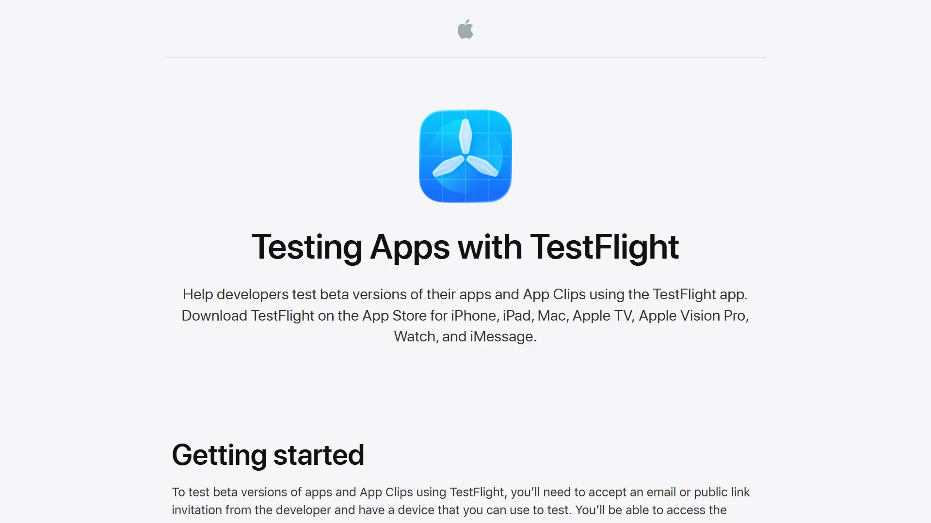 Apple TestFlight landing page with the TestFlight app icon and the heading Testing Apps with TestFlight.