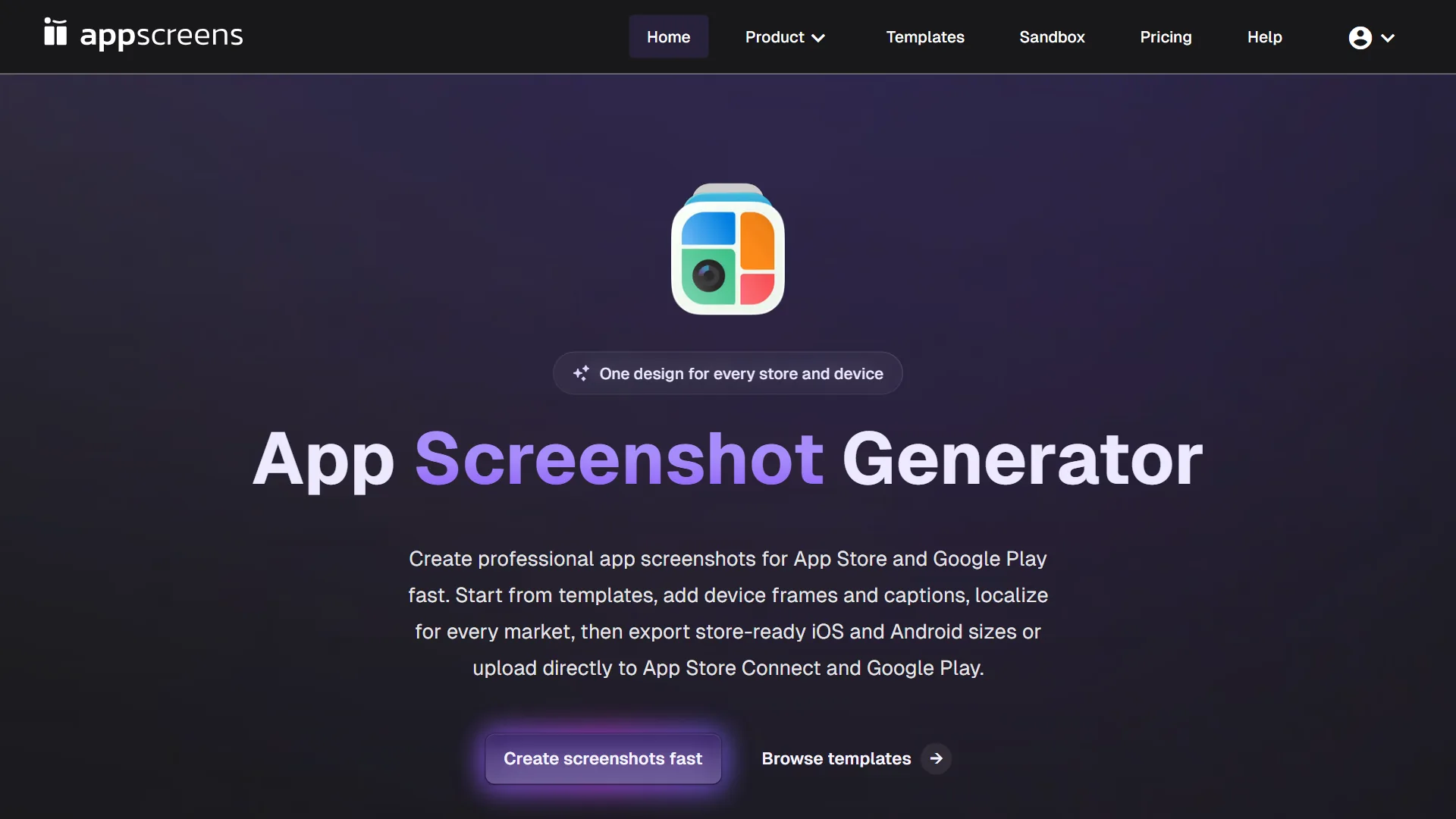 AppScreens homepage with the headline App Screenshot Generator and One design for every store and device tagline.