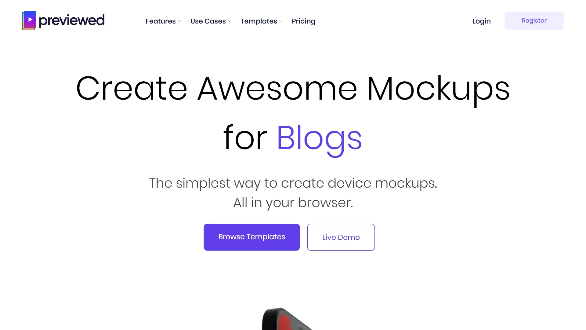 Previewed.app homepage with the headline Create Awesome Mockups for Blogs and a Browse Templates CTA.