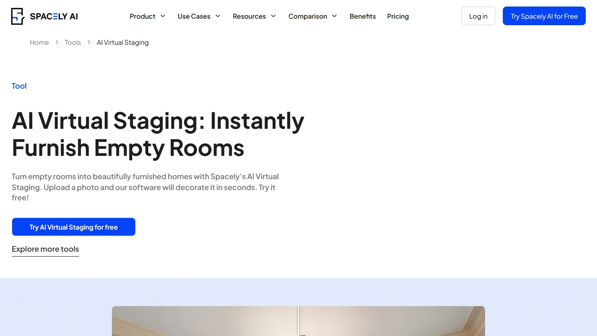Spacely AI Virtual Staging tool landing page with the headline 'AI Virtual Staging: Instantly Furnish Empty Rooms' and a 'Try AI Virtual Staging for free' button