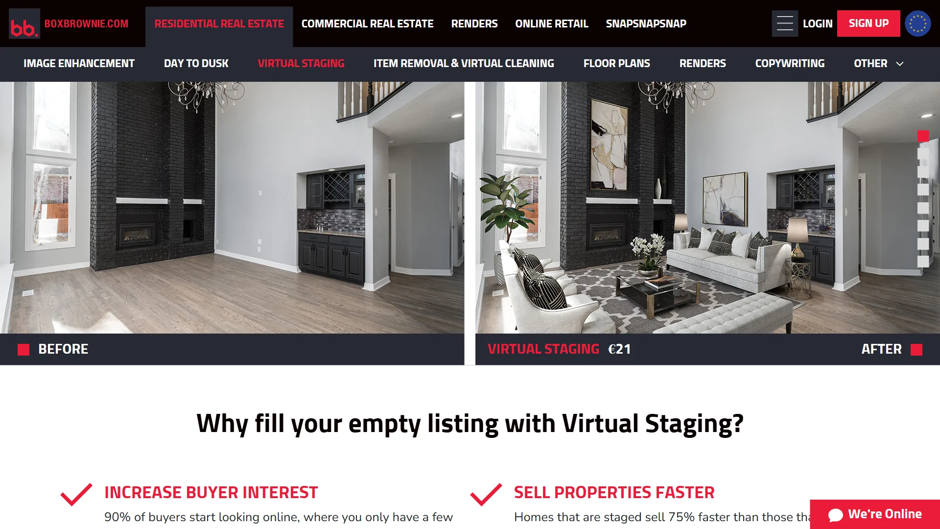 BoxBrownie virtual staging service homepage showing photo retouching, virtual staging, item removal, and floor plan redraw services for real estate