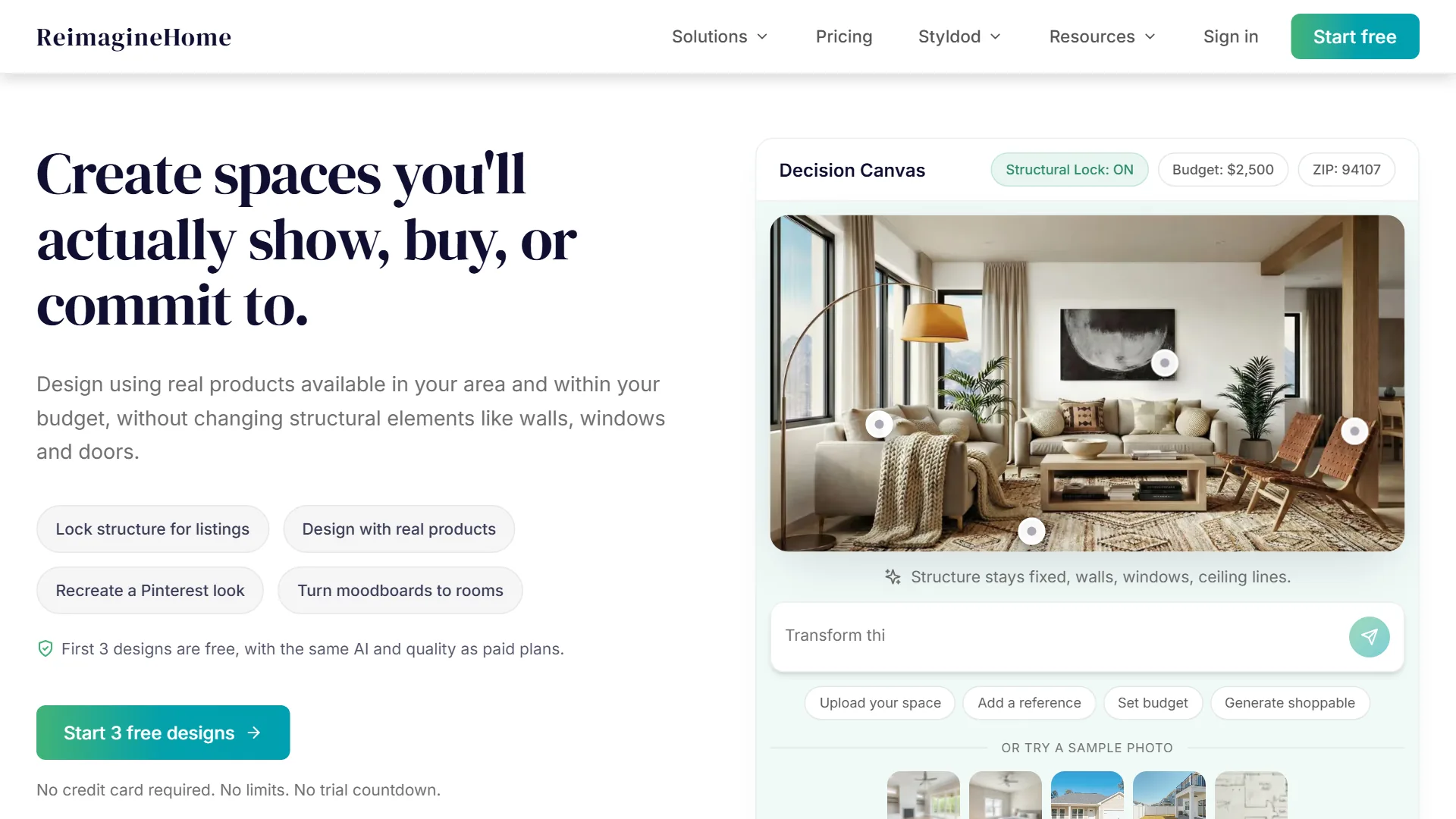 REimagineHome AI virtual staging web app showing a decision canvas with budget and ZIP code inputs, sample staged living room, and design style presets