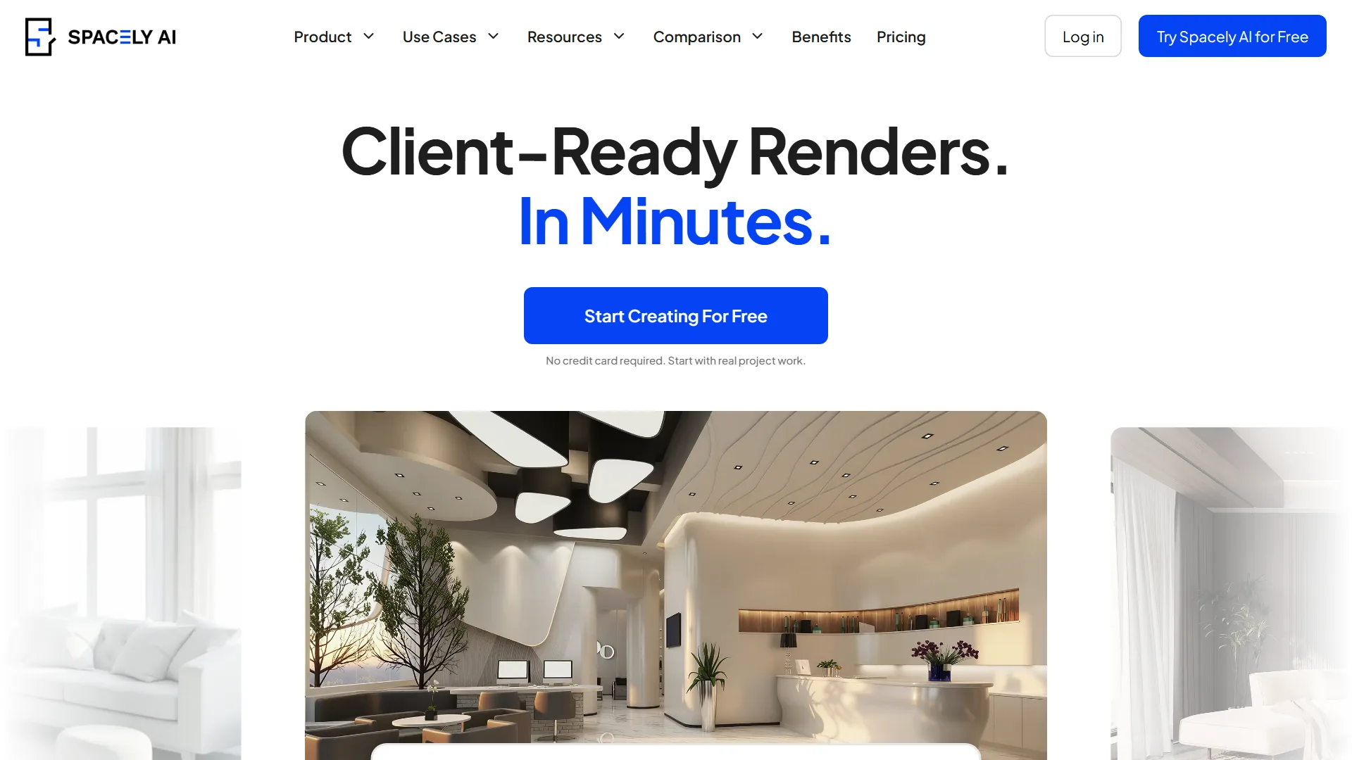 Spacely AI Virtual Staging tool landing page with the headline AI Virtual Staging Instantly Furnish Empty Rooms and a Try AI Virtual Staging for free button