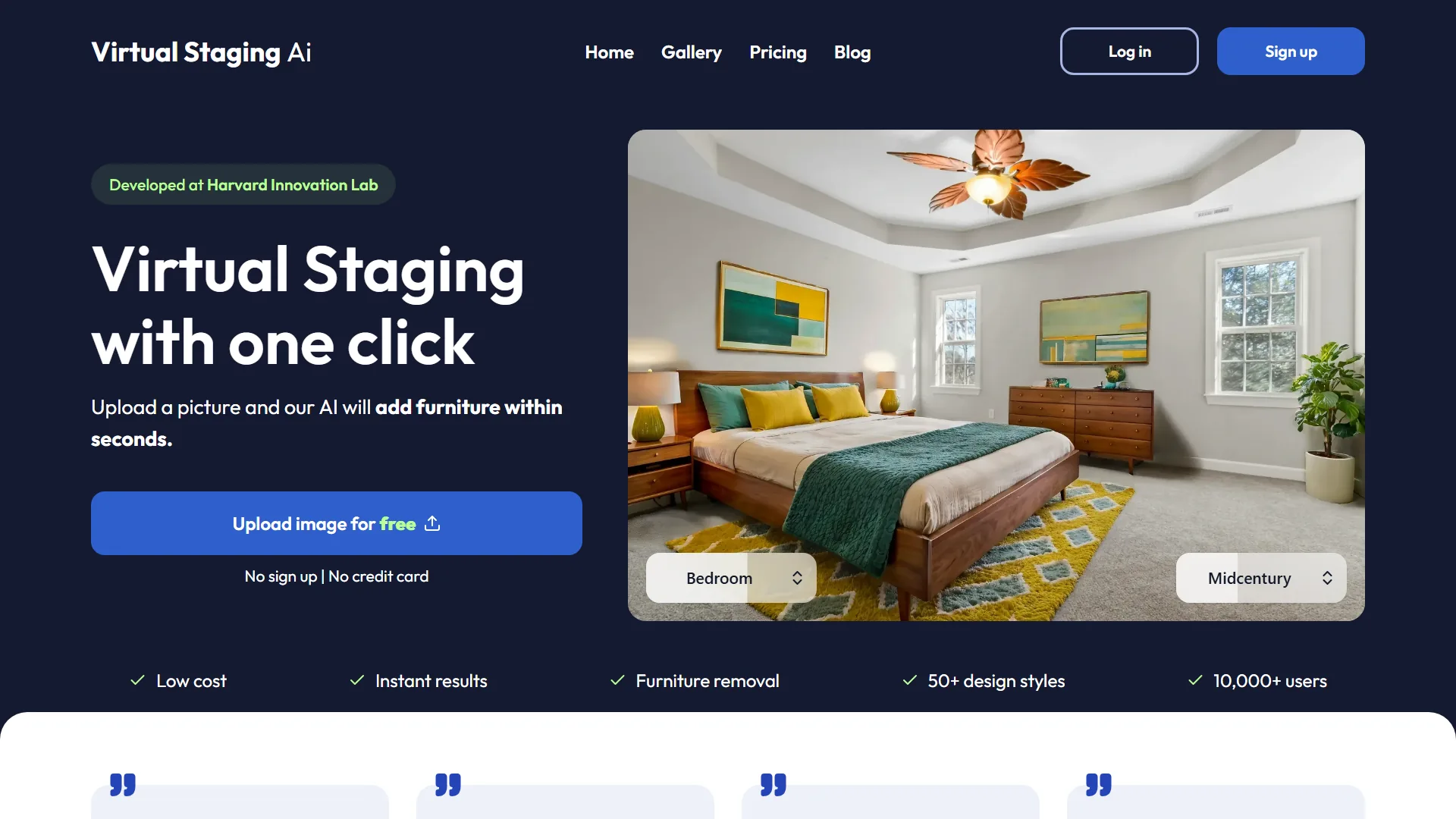 Virtual Staging AI homepage with one-click staging tool, a sample staged bedroom, and Developed at Harvard Innovation Lab badge